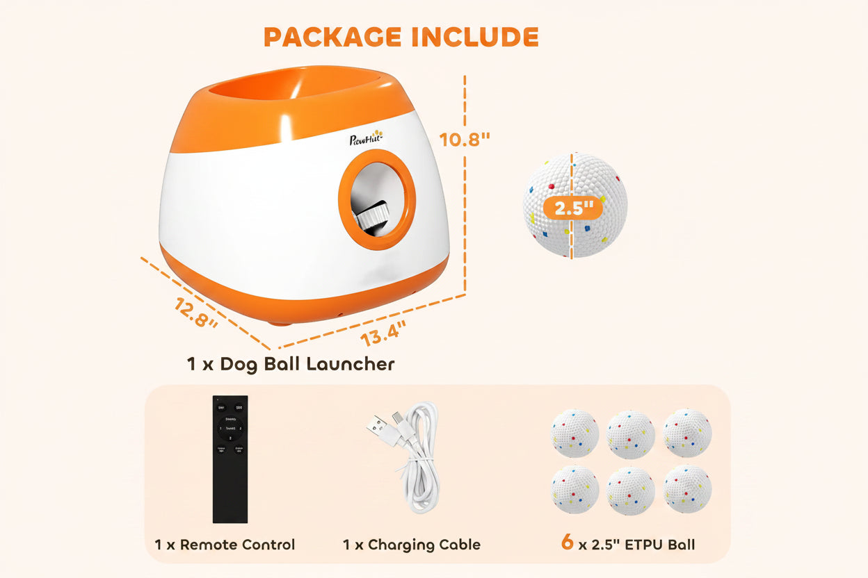 PawHut Automatic Dog Ball Launcher, Rechargeable Dog Ball Thrower with Remote Control, 3 Adjustable Distance , 6 ETPU Tennis Fetch Toys 2.5", Low Noise, for Medium Large Breeds, Orange