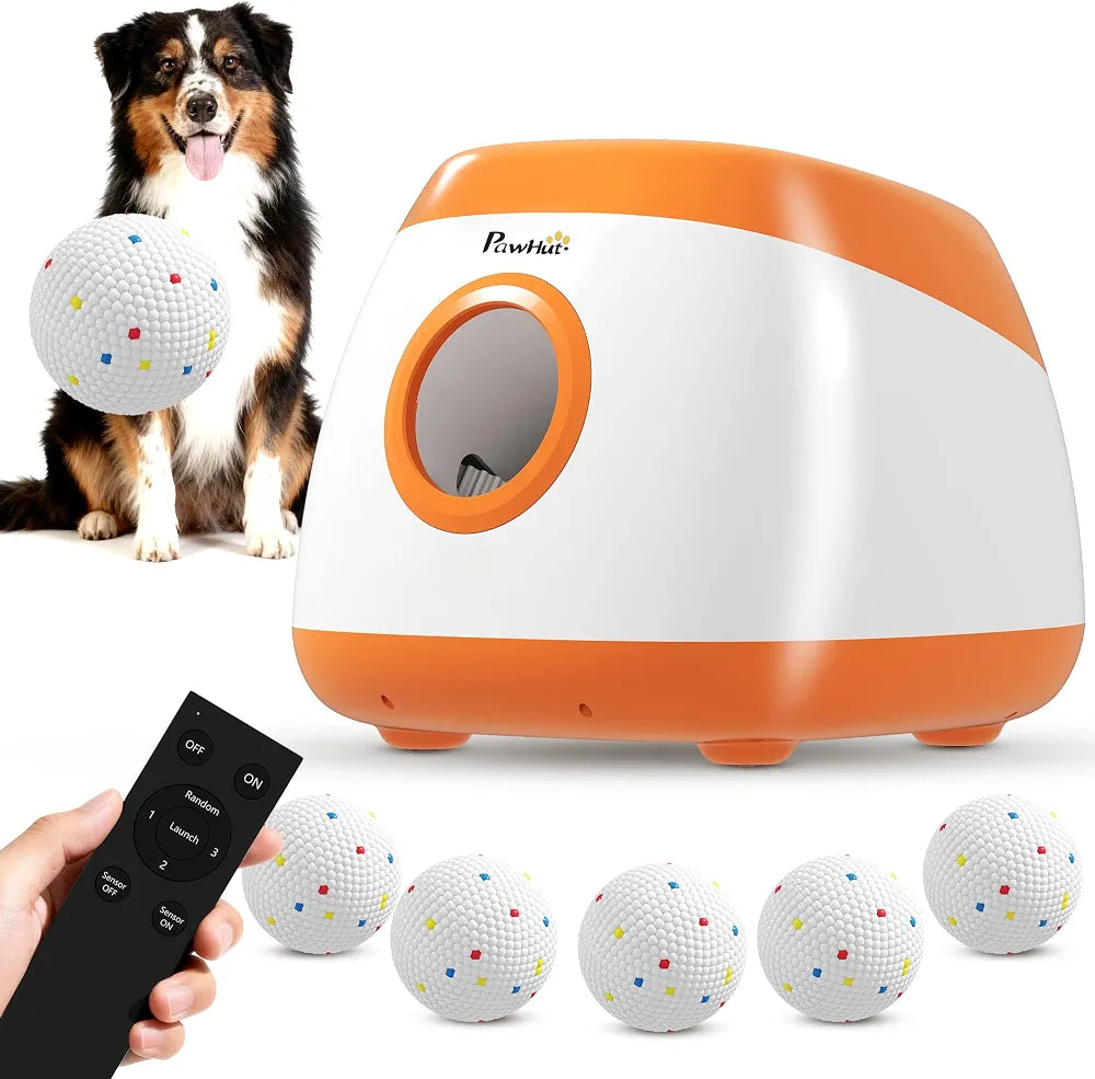 PawHut Automatic Dog Ball Launcher, Rechargeable Dog Ball Thrower with Remote Control, 3 Adjustable Distance , 6 ETPU Tennis Fetch Toys 2.5", Low Noise, for Medium Large Breeds, Orange