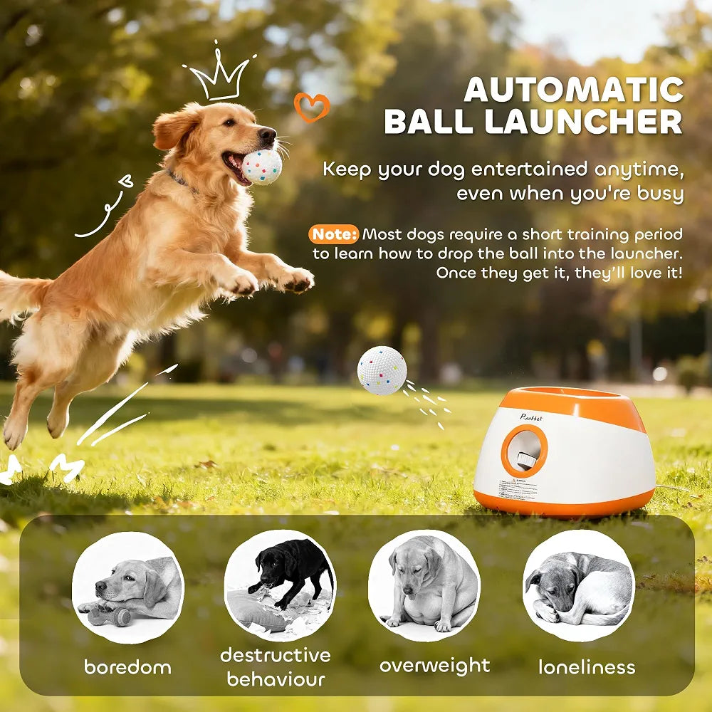 PawHut Automatic Dog Ball Launcher, Rechargeable Dog Ball Thrower with Remote Control, 3 Adjustable Distance , 6 ETPU Tennis Fetch Toys 2.5", Low Noise, for Medium Large Breeds, Orange