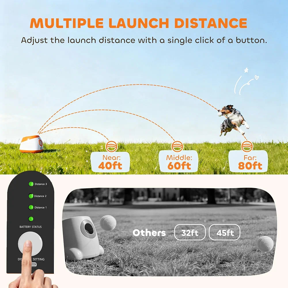 PawHut Automatic Dog Ball Launcher, Rechargeable Dog Ball Thrower with Remote Control, 3 Adjustable Distance , 6 ETPU Tennis Fetch Toys 2.5", Low Noise, for Medium Large Breeds, Orange