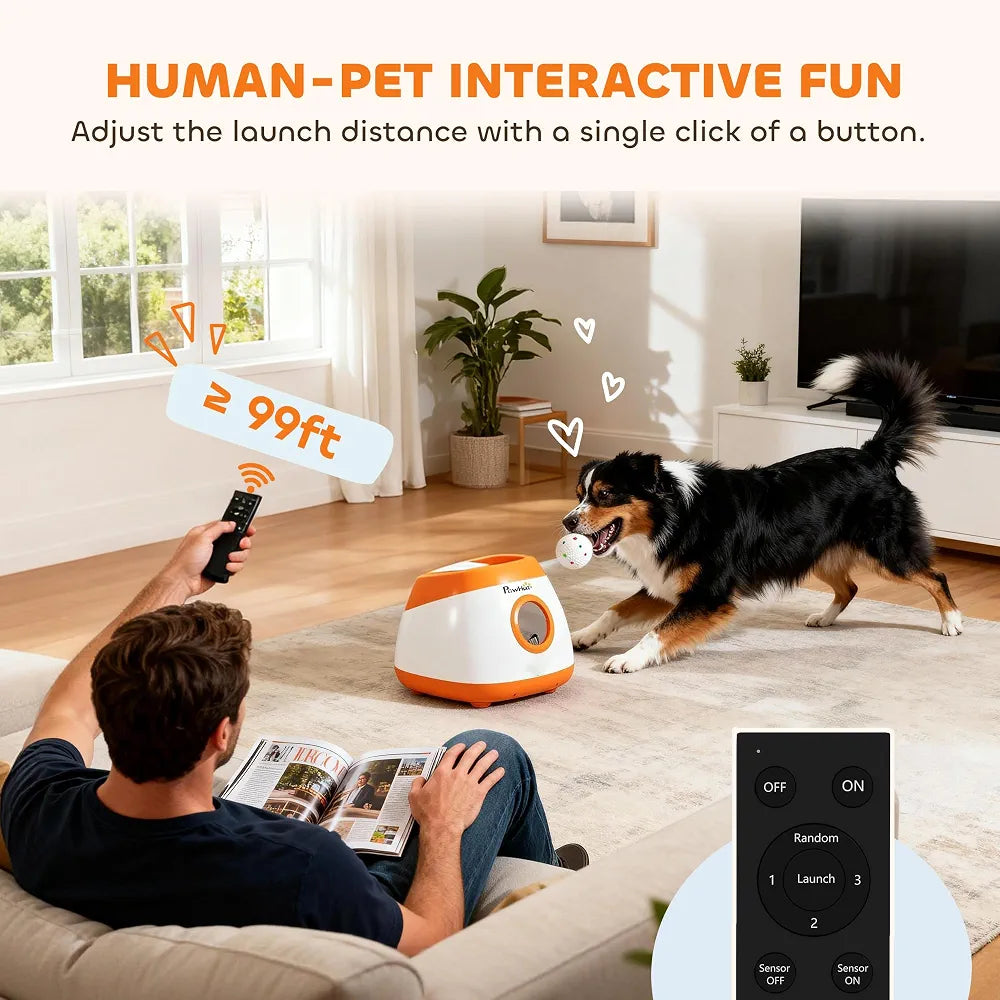 PawHut Automatic Dog Ball Launcher, Rechargeable Dog Ball Thrower with Remote Control, 3 Adjustable Distance , 6 ETPU Tennis Fetch Toys 2.5", Low Noise, for Medium Large Breeds, Orange